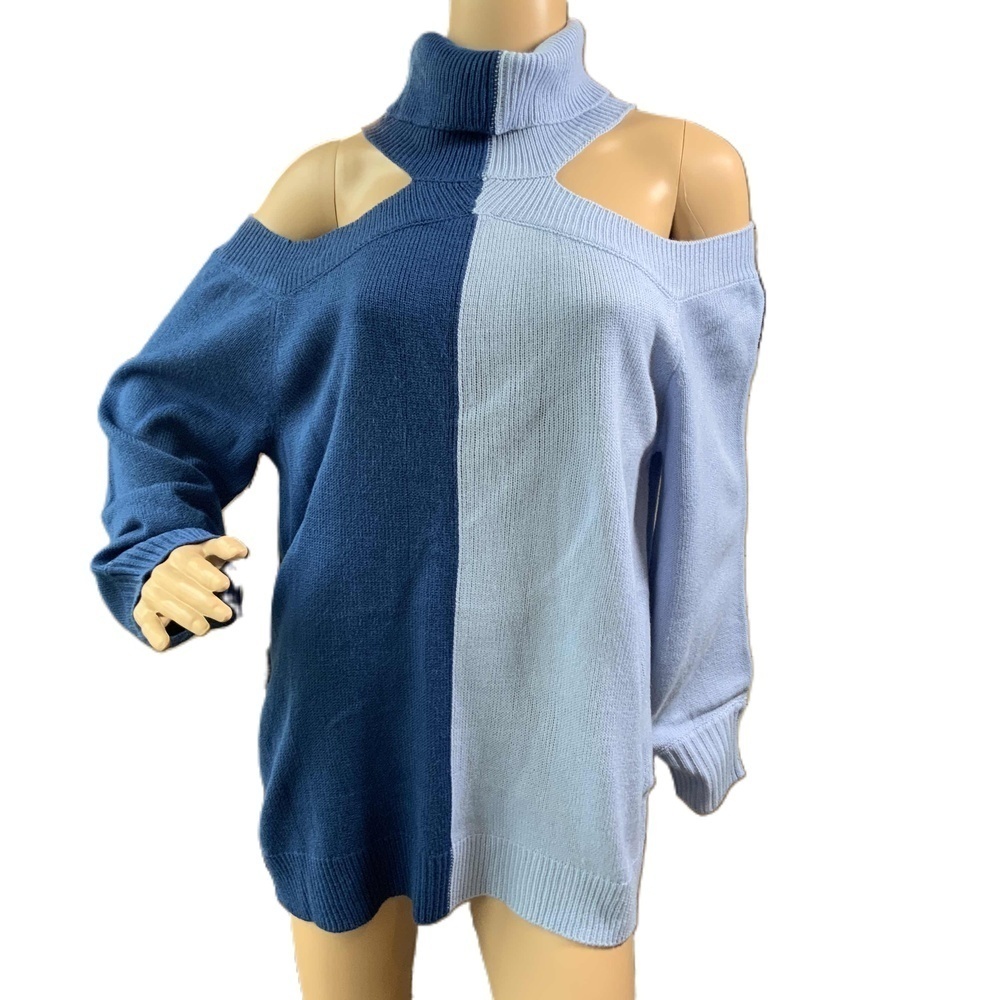 NWT New York & Co Blue Color Block Turtleneck Cold Shouder Sweater XL Balletcore